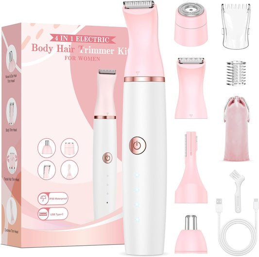 Rasuradora Mujer Zona Intima Afeitadora Mujer: 4 in 1 Recortadora Corporal Indoloro para Facial, Corporal, Pubis, Cejas, Nariz y Oreja Piernas y Axilas Uso en Seco y en Mojad Recargable
