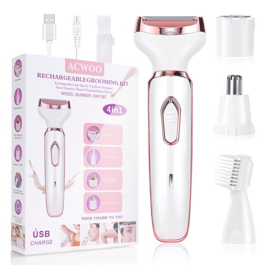 ACWOO Afeitadora Eléctrica para Mujer, 4 in 1 USB Recargable Eléctrico Depiladora sin Dolor, Recortadora Femenina Electrica Impermeable, Rasuradora Mujer para Cara, Nariz, Axilas, Piernas, Bikini