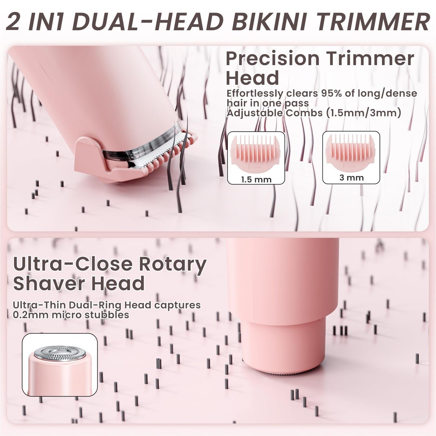 GleamTrim Afeitadora Electrica Mujer 2 en 1, Rasuradora Mujer Zona Intima Impermeable IPX7,Afeitadora mujer Seco/HúMedo, Recortadora Corporal Mujer para Facial Brazos Axilas Pierna Bikini