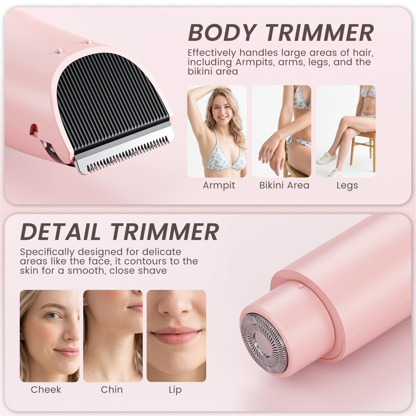 GleamTrim Afeitadora Electrica Mujer 2 en 1, Rasuradora Mujer Zona Intima Impermeable IPX7,Afeitadora mujer Seco/HúMedo, Recortadora Corporal Mujer para Facial Brazos Axilas Pierna Bikini