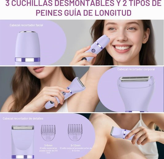 afeitadora eléctrica para mujer cortapelos corporal para mujer recortadora para zona bikini Afeitado de piernas impermeable pantalla LCD seco/mojado 3 in 1 Malva